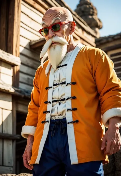 muten roushi, old man, black eyes,bald, facial hair, beard, mustache, white hair, chinese clothes, orange jacket, blue pants, su...