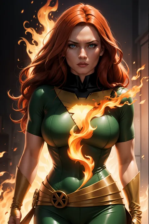 jeangrey,x-men,pheonixcostume,superhero,vibrantcolors,fierceexpression,detailedeyes,longredhair,burningflames,telekinesis,emotio...