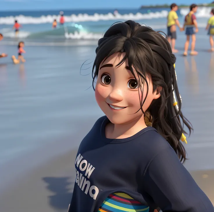 uma menina de 12 anos na praia com roupa de banho e cabelo molhado , magra, estilo disney pixar, alta qualidade, melhor qualidade