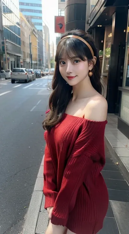 yorbriar, Yor Briar, Black hair,, earrings, gold hairband, shairband, Long hair, side locks, BREAK bare shoulders, 鎖骨, Dress, Long sleeves, off shoulders, Off shoulder dress, off-the-shoulder sweater, pantyhose, Red Sweater, Sweaters, sweater dress, thighs...