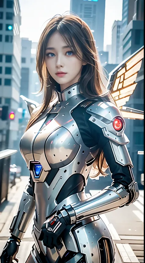 Android Girl&#39;a masterpiece of, (Best Quality), Highly detailed, Ultra-detailed, 1 android girl, (mechanical wings: Golden, Eyeliu of shining light, White Mecha: 1.2, ear: 0.8), (cyberpunkcity: 1.5, arma: energyblade), (Fantasy landscape: 1.2, Natural l...