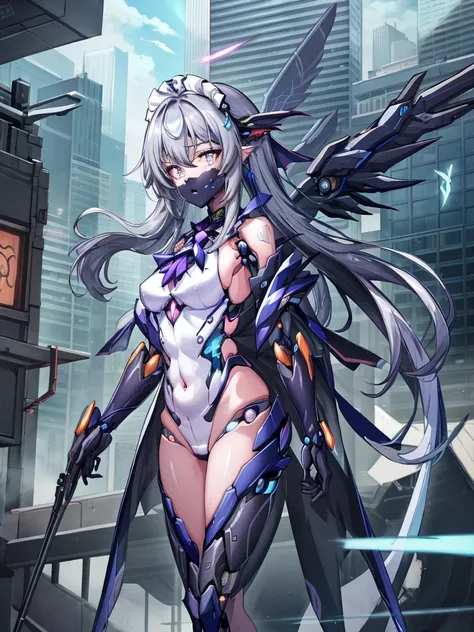 top-quality、ighly detailed、​masterpiece、ultra-detailliert、illustratio、((1girl in))、silber hair、length hair、Floating hair、、Cyber City、Neon building、(The upper part of the body:1.05)、extremely_Detailed_Eyes_And_Face,cybernetic wings mechanical wings、Random p...