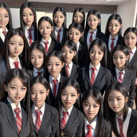 Raw photo、(((multiple girls))),((((6+girls)))),((((100girls)))),(((1000girls)))、((((100 Girls))))、((((Gigantic Breasts))))、Women only、The same face、matching school uniform、12 years old、Long black hair、100 cute girls going to school、a smile、Commuting to sch...