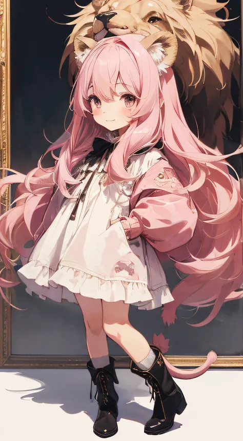 (​masterpiece、top-quality、hightquality)、full body of a young girl、One Little Girl、Long pink hair、Tied hair、Fluffy、Black short skirt、Mafia Girls、full body Esbian、Fluffy atmosphere、Leather boots、Pure white background、smil、Active、lion motif hoodie、tail