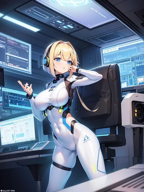 ​masterpiece:1.4, 1girl in ((20yr old, Wearing a futuristic white and silver costume, Tight Fit Bodysuit, long boots, Very gigantic-breasts, Multicolored blonde hair, a short bob, Perfect model body, Blue eyes:1.2, Wearing headphones, Looking out the windo...