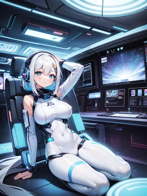 ​masterpiece:1.4, 1girl in ((20yr old, Wearing a futuristic white and silver costume, Tight Fit Bodysuit, long boots, Very gigantic-breasts, Multicolored blonde hair, a short bob, Perfect model body, Blue eyes:1.2, Wearing headphones, Looking out the windo...