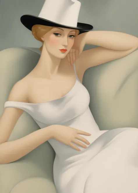 painting of a woman in a white dress and black hat, inspirado em Tamara Lempicka, inspirado em Tamara de Lempicka, jean dupas, inspirado em Zinaida Serebriakova, luvas vermelhas, inspired by Natalia Goncharova, by Moïse Kisling, Deni Viktor, Directed by: N...