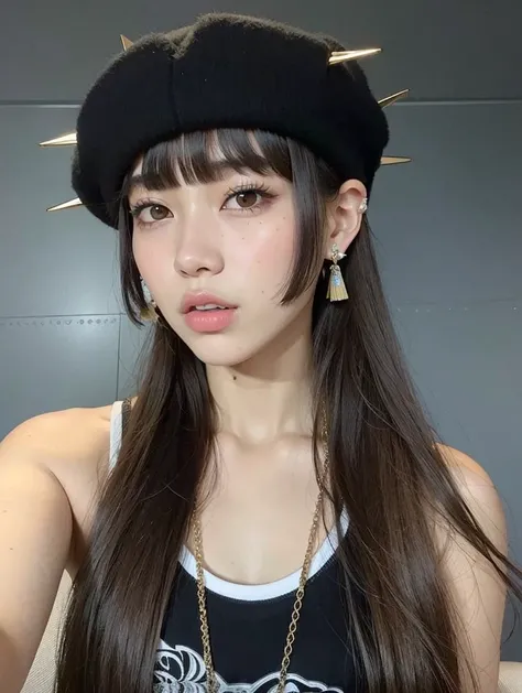 Mujer arafed con el pelo largo con un sombrero negro y un collar, Lalisa Manoban de Blackpink, Lalisa Manobal, Ella tiene el pelo negro con flequillo, Jossi de Blackpink, El Corte Hime, Peinado blanco de corte hime, Cabello limpio con flequillo, Cabello ne...