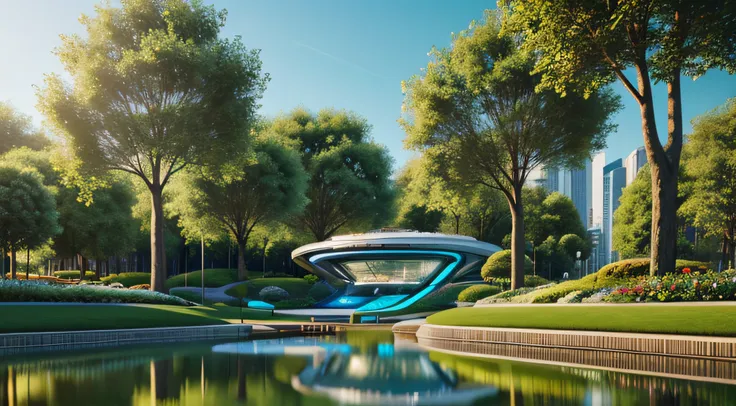 a bright park in a futuristic utopian city, with a pond, bright, clean, photorealistic