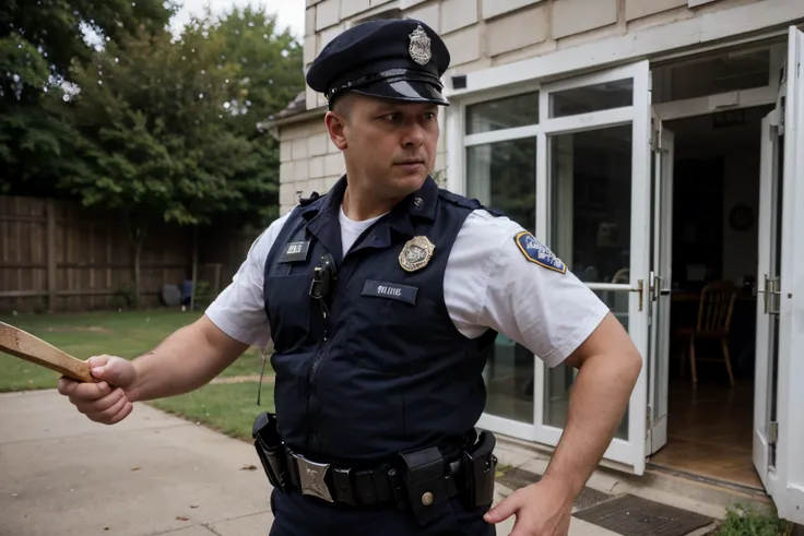 a police man hitting with an axe