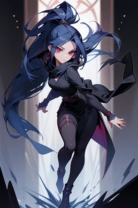 A mysterious female ninja in her late 20s.、Wear less revealing clothing、Long black hair in ponytail、dark blue cloak and hood、deep red scarf、cover your mouth with a muffler、Cold expression、slender and tall、Weapon: 5 very thin steel wires、Anime style full bo...