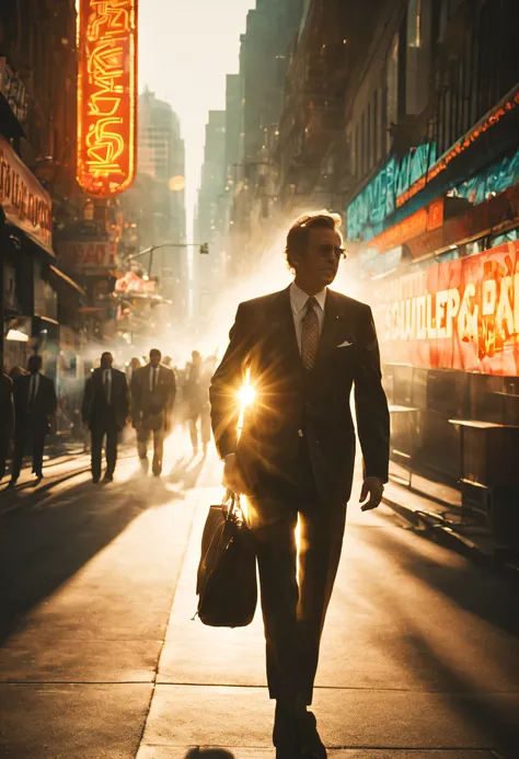 a double-exposure photograph of a man in a suit walking along and a street with neon signs, busy street, crowds,  (sunny 4pm: 1.3), cinematic lighting, (double exposed: 1.4), camera flash light, (shutter drag: 1.5), motion bur, lens flare, (graflex speed g...