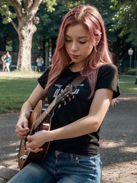 guitarrist、Playing guitar、Street Live、Create ultra-realistic images of cute girls live in the park, A pink-haired, Wearing a black T-shirt and jeans, 8K picture quality, ((1 persons)), extremely delicate and beautiful, magnifica, Official art with attentio...