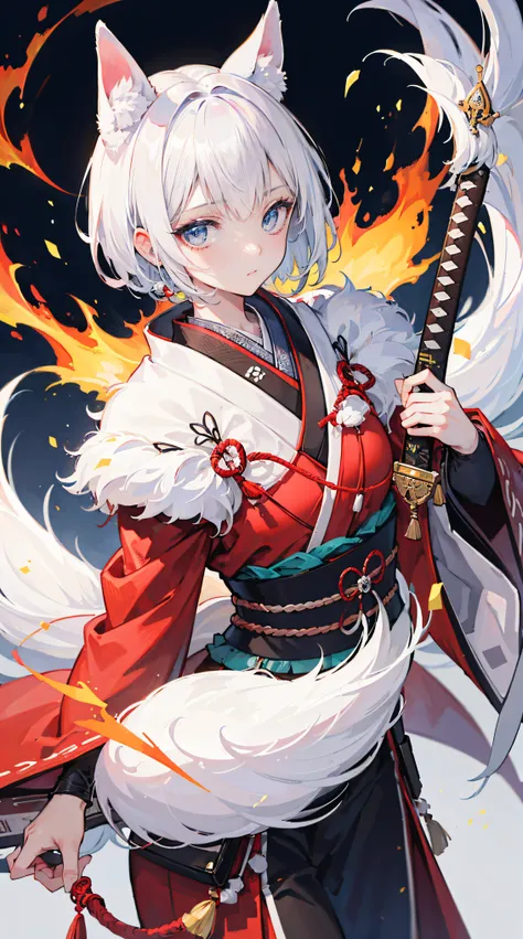 high high quality, tmasterpiece, ultra - detailed, White Fox Samurai, Short hair details, mesmerizing eyes, holding a katana, Japanese-style armor, fiery background