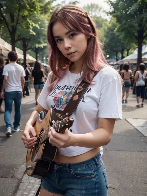 Playing guitar、Street Live、perform in public (Large crowds)Create ultra-realistic images of cute girls live in the park, A pink-haired, black t-shirt and short jeans,huge tit、 8K picture quality, ((1 persons)), extremely delicate and beautiful, magnifica, ...