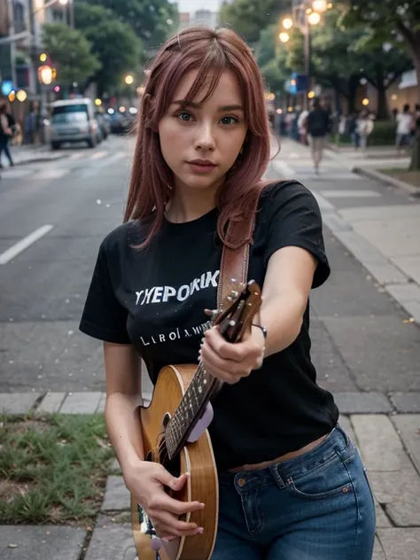 Playing guitar、Street Live、perform in public (Large crowds)Create ultra-realistic images of cute girls live in the park, A pink-haired, black t-shirt and short jeans,huge tit、 8K picture quality, ((1 persons)), extremely delicate and beautiful, magnifica, ...