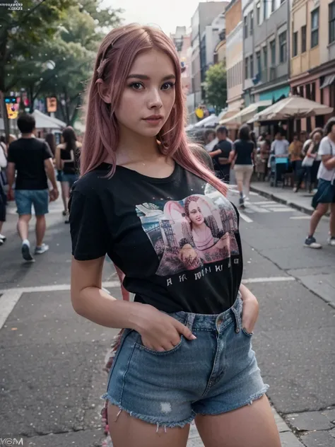 Playing guitar、Street Live、perform in public (Large crowds)Create ultra-realistic images of cute girls live in the park, A pink-haired, black t-shirt and short jeans,huge tit、 8K picture quality, ((1 persons)), extremely delicate and beautiful, magnifica, ...