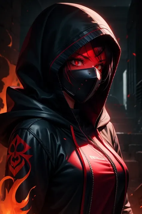 female character,  hood, dark room, red neon, mask, dark, eyes coming out fire