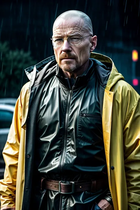 there  a man standing in the rain in a yellow raincoat, 8 k movie still, movie still 8 k, walter white as thor, photorealistic logan movie still, 4 k movie still, 4k movie still, standing in the rain, dramatic sci-fi movie still, walter white as batman, 8 ...