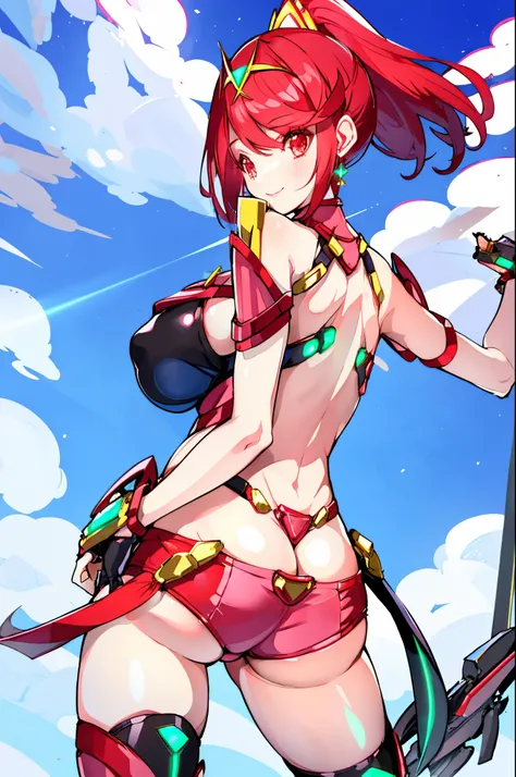 pyra (xenoblade), teen_1girl, loli, bangs, black gloves, breasts, red eyes, shout, earrings, eyelashes, fingerless gloves, floating hair, , gem, gloves, hair ornament, headpiece, jewelry, gigantic_breasts, leaning back, swimsuit, neon trim, official art, p...