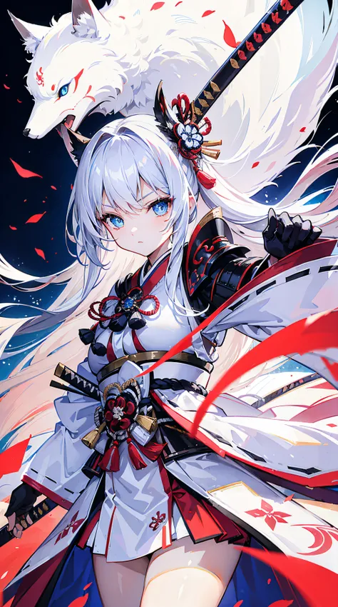 high high quality, tmasterpiece, ultra - detailed, White Fox Samurai, Long gray hair, captivating blue eyes, holding a katana, Japanese-style armor, fiery background