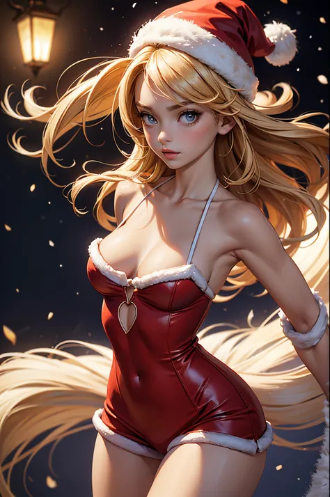 (tmasterpiece), (Best quality), (Detailed pubic hair), Light layer, 1 solo girl, young girls, perfect body figure, Blonde hair, scavenging, The collarbones are well defined, hyper realisitc, realistically, Detailed pubic hair, ,enhancer, Wearing a Santa Cl...