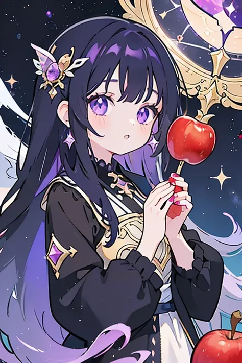 fair skin 19 years old young women with bright purple eyes with black long hair with purple hairlights, holding a crystal apple, galaxy inside apple, the universe inside apple, galaxy stars inside apple,starry sky inside apple,holding apple in both her han...