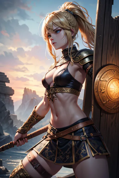 young teen girl, ancient viking warrior, evil look,,combat stance, wielding an axe, facepaint, bodypaint, sexi, revealing, small breasts, highly detailed, ancient drakkar ship in background, blonde hair, vibrant appearance, creative behavior, extremly deta...