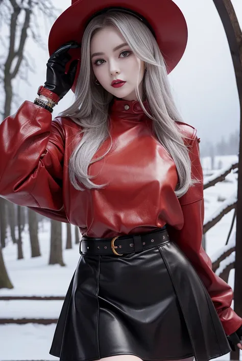 full body Esbian, of the highest quality, Intricately detailed skins, Shiny skin, Shiny hair, pale complexion，Big breasts), 　Red sky,　Continuous snow， In the snow forest, ((Skull Mark)), ambitious, Seductive Woman, Gray hair, Long hair, Hair fluttering in ...