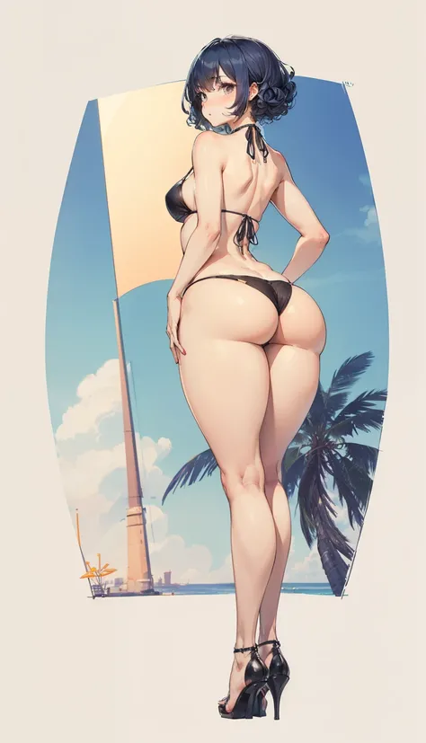 SFW, (short curly blue hair), (bikini), gigantic ass, plump ass, huge ass, pawg, curvy, curvy ass, hourglass figure, thin waist, slender legs, thin legs, tall legs, small thighs, ((skinny legs)), skinny frame, skinny girl, (skinny), slender frame, (thin fr...