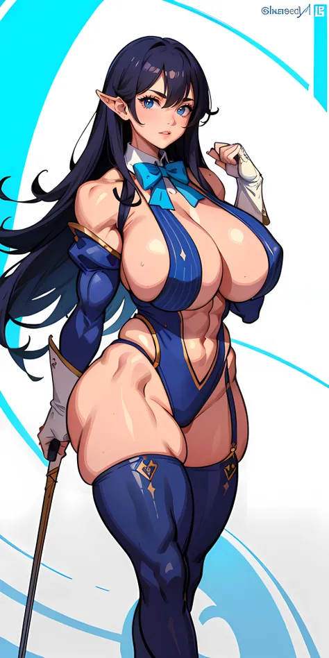 sexy for，Huge breastigboobs，Crop topping，Superskirt，JK，brunette color hair，Very large chest，Short top，blue bowtie，Blue and white stripes，long whitr hair，wetclothequisite facial features,s the perfect face, ((((huge muscles))))