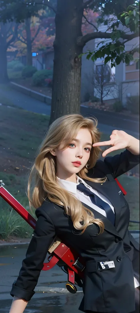 (8k, RAW Photography, top-quality, ​masterpiece:1.2), 1girl, 3d, voluptuous body, beautiful face, photogenic , 3D, Blazer uniform, long blonde hair in curls, hands raised, school ground, s lips, High school student, schoolyard, school uniform, real, shinny...