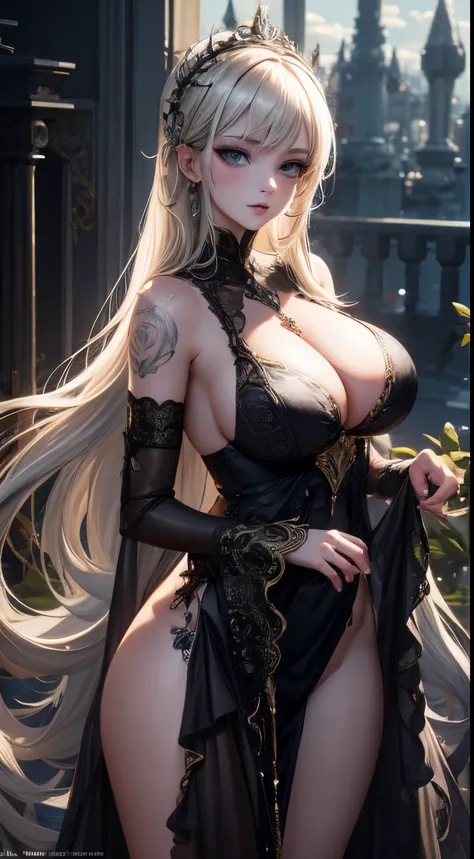 Masterpiece, Detailed Illustration, Top Quality, Exquisite, Anime style, disfigured, As a matter of fact, baby with big breasts, beautiful albino girl, 20years old, full - body, Side Shot, Piercing all over the body, Detailed tattoos are everywhere, Crysta...