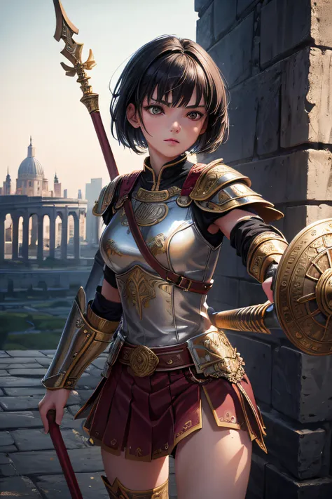 young teen girl, ancient rome warrior, evil look,,combat stance, wielding a spear and shield, ancient roman armor, highly detailed, ancient colloseum in background, short hair, vibrant appearance, creative behavior, extremly detailed, imaginative, sensual,...