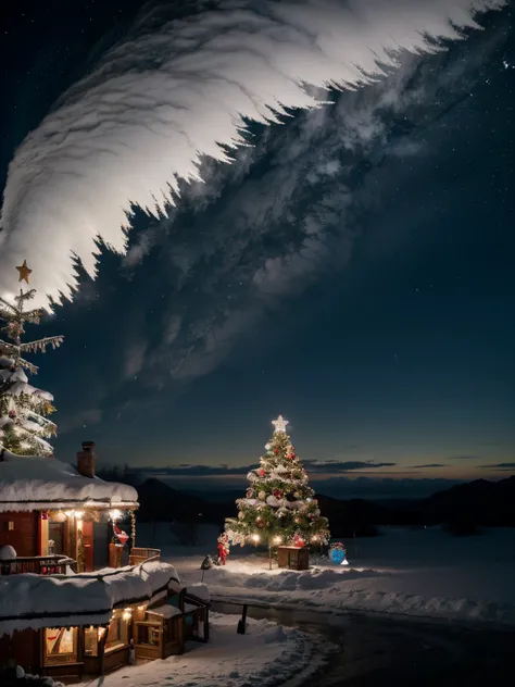 "Create a magical view of the North Pole, com o Workshop do Papai Noel destacando-se na paisagem gelada, rodeado por renas, while snowflakes dance in the crystal clear air."