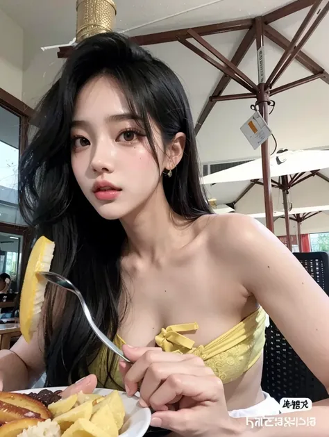 mulher de blusa amarela comendo comida em restaurante ao ar livre com guarda-chuvas, dilraba dilmurat, Ulzzang, Heonhwa Choe, Wenfei Ye, Gongbi, Mulher sul-coreana bonita, Sha Xi, menina coreana, Jinyoung Canela, linda mulher coreana jovem, jia, TaeJune Ki...