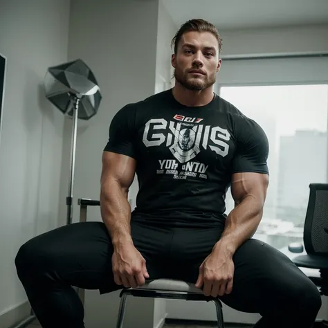 Crie um personagem estilo desenho parecido com o fisiculturista, chris bumstead in t-shirt sitting on chair looking at camera, as a news presenter, the t-shirt must say Asçensão maromba as if it were a uniform