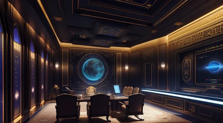 (science-fiction, Planet Terasinia, solar system Luxor,solar system Luxor, Best Quality, 8K, Masterpiece :1.2) Emperor&#39;s office, A room with a desk, table with 3D virtual map, red and gold carpet, interior of the Emperor&#39;s personal office, Action i...