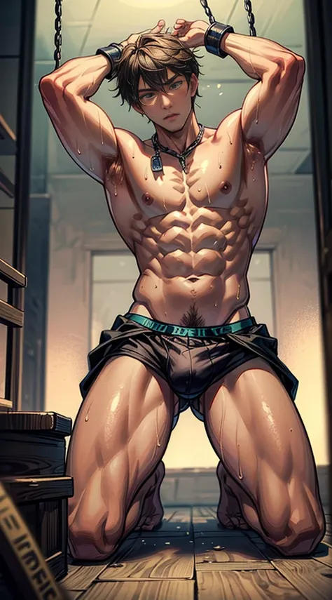 (masterpiece,best quality,8k,ultra-detailed:1.3),1boy,kneeling,arms up,handsome,muscular,restrained,shackles,torture chamber,(underpants,big bulge),tan skin,short hair,detailed beautiful eyes,sharp,sweat,humid,breath