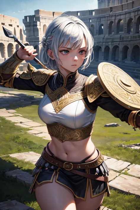 young teen girl, ancient rome gladiator, evil look,,combat stance, wielding a spear and shield, ancient gladiator armor, highly detailed, ancient colloseum in background, short hair, vibrant appearance, creative behavior, extremly detailed, imaginative, se...