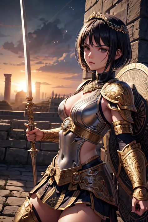 young teen girl, ancient rome gladiator, evil look,,combat stance, wielding a spear and shield, ancient gladiator armor, highly detailed, ancient colloseum in background, short hair, vibrant appearance, creative behavior, extremly detailed, imaginative, se...