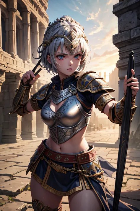 young teen girl, ancient roman centurion, evil look,,combat stance, wielding a spear and shield, ancient armor and helmet, highly detailed, ancient colloseum in background, short hair, vibrant appearance, creative behavior, extremly detailed, imaginative, ...