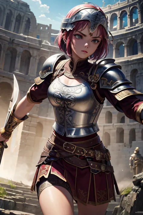 young teen girl, ancient roman centurion, evil look,,combat stance, wielding a spear and shield, ancient armor and helmet, highly detailed, ancient colloseum in background, short hair, vibrant appearance, creative behavior, extremly detailed, imaginative, ...