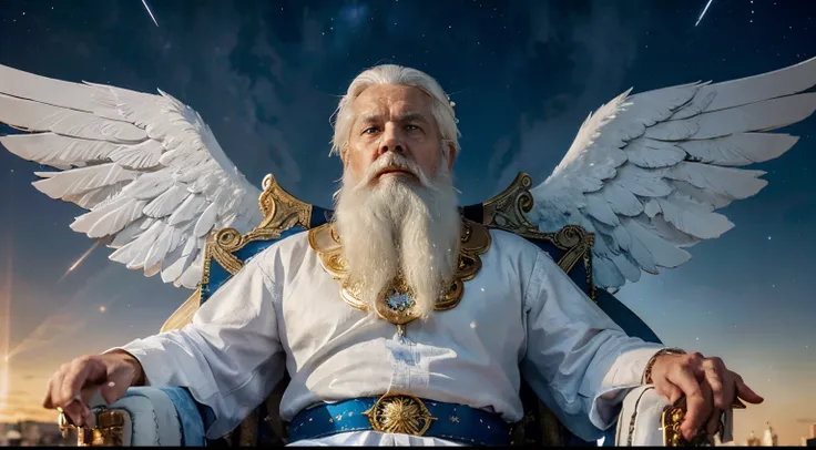 create an image of a sorcerer god, strong old man in profile with white hair, white beard, blue eyes wearing a white tunic sitting on a golden medieval throne, night sky with stars and many clouds, angels with open wings flying in the background
apparent p...