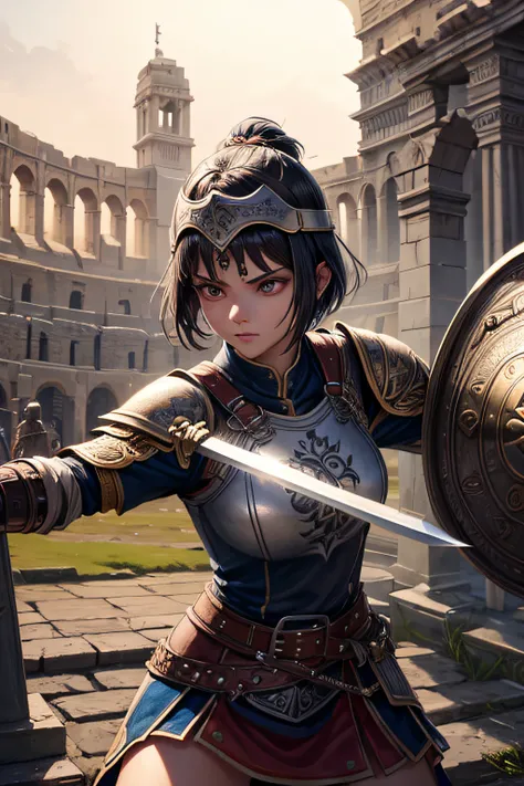 young teen girl, ancient roman centurion, evil look,,combat stance, wielding a spear and shield, ancient armor and helmet, highly detailed, ancient colloseum in background, short hair, vibrant appearance, creative behavior, extremly detailed, imaginative, ...