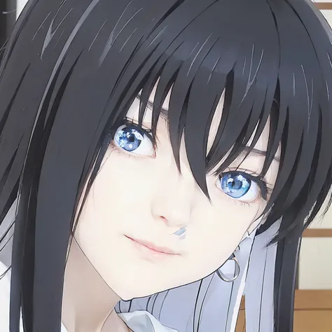 Anime girl with white shirt, black hair and blue eyes, sui ishida with black hair, anime visual of a young woman, realistic