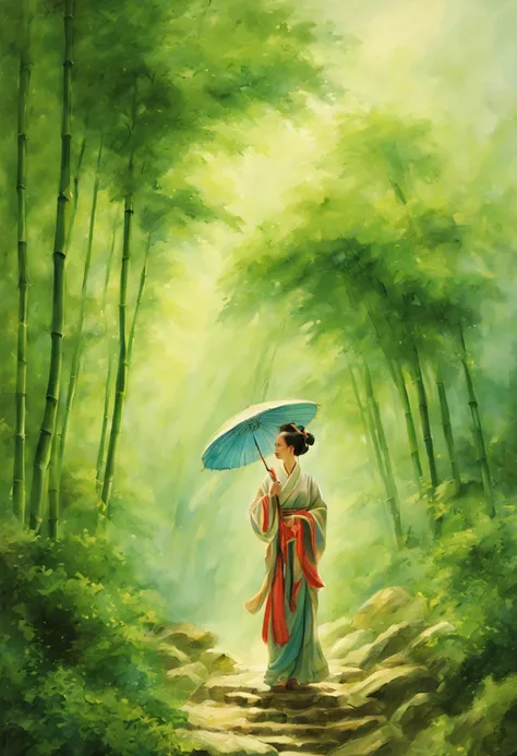 ancient china, bamboo forest, cloud, spring, a young woman, umbrella