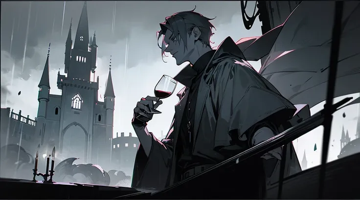 a man holding a glass of wine with one hand, looking aside with his menacing eyes through a closed window an old dark creepy castle, at night, its raining outside with fog and thunder, black and white, manga style