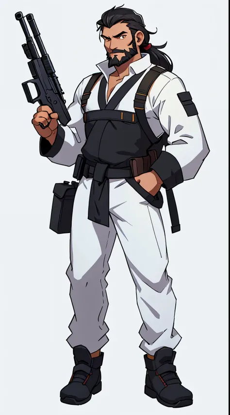 1 Man solo, solo. he has a short black beard and he has black flowing hair. holding gun. white background. Full body shot. Full-body in frame.