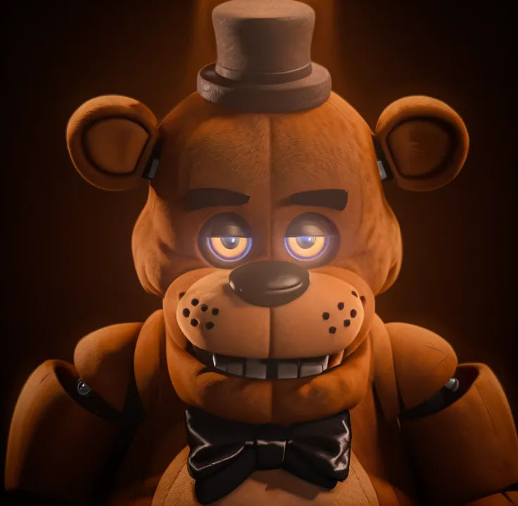 portrait of freddy fazbear, bear character, realistic animatronic costume, animatronic, cartoon character with a top hat, black ...